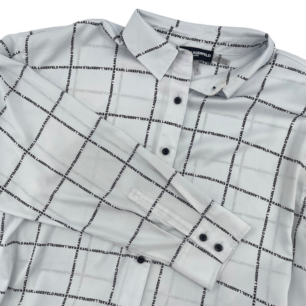 KARL LAGERFELD PARIS Womens Oversized White Black Grid‎ Logo Print Button Up